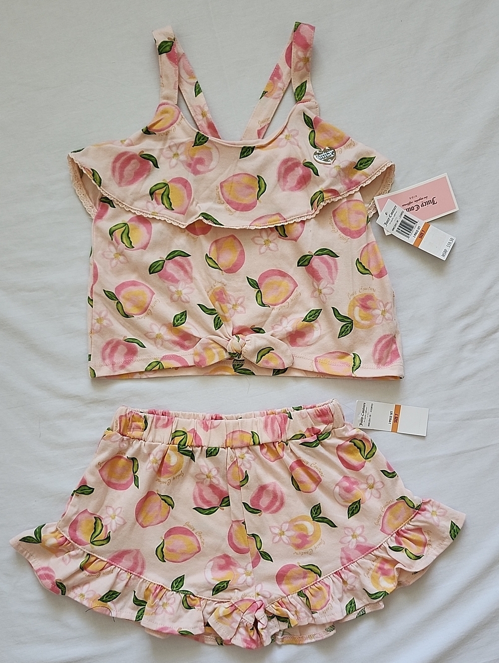 NWT Juicy Couture Kids Girl Pink Peach Ruffle Crop Top & Shorts Set Size 7